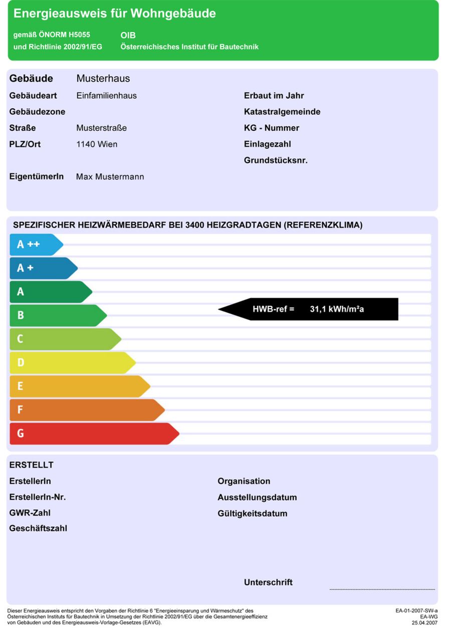 Energieausweis f&uuml;r Wohngeb&auml;ude &ndash; Musterformular mit Energieklassen